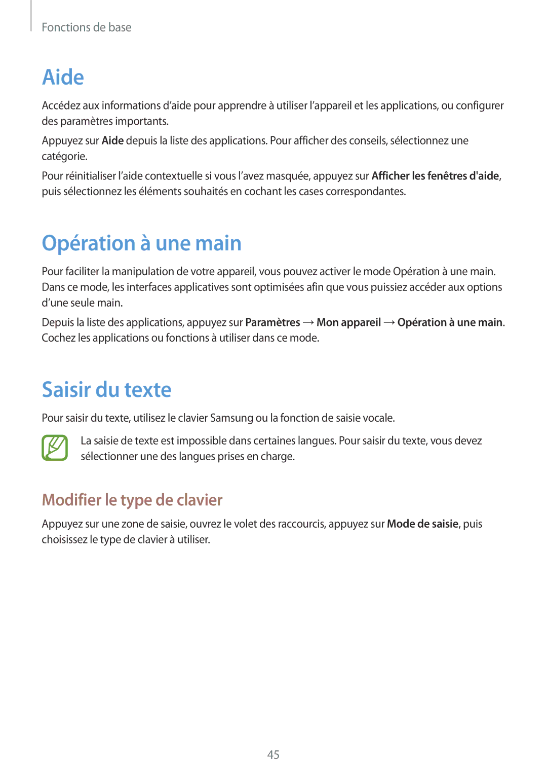 Samsung GT-N7105RWDSFR, GT-N7105TADXEF manual Aide, Opération à une main, Saisir du texte, Modifier le type de clavier 