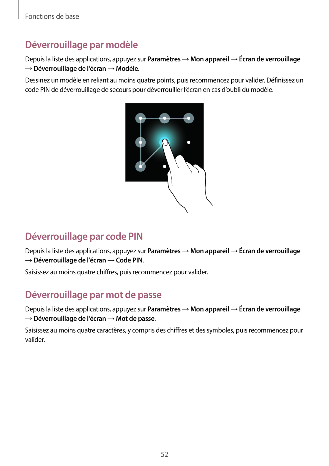 Samsung GT-N7105TADFTM manual Déverrouillage par modèle, Déverrouillage par code PIN, Déverrouillage par mot de passe 