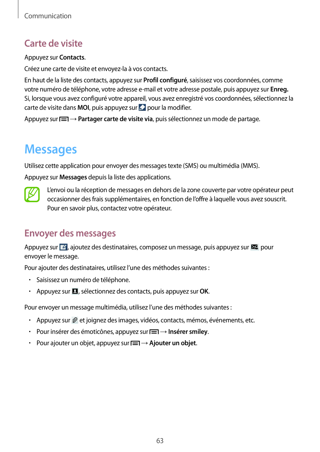 Samsung GT-N7105RWDFTM, GT-N7105TADXEF, GT-N7105TADSFR, GT-N7105TADBOG manual Messages, Carte de visite, Envoyer des messages 
