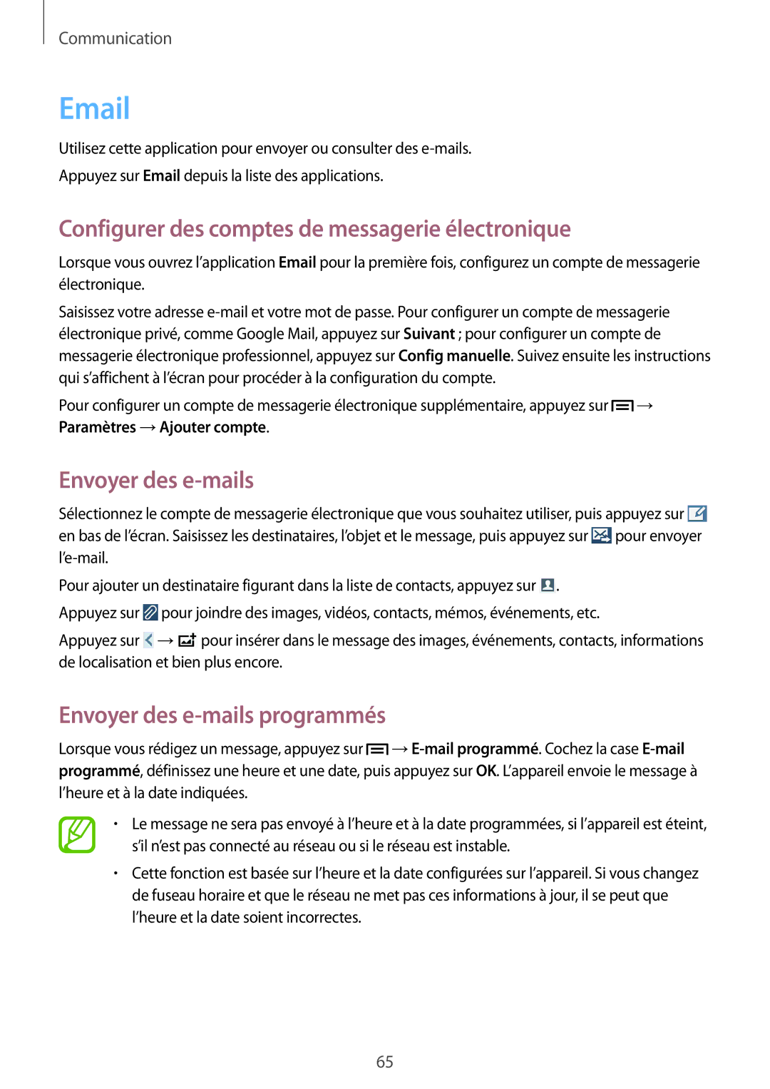 Samsung GT-N7105TADSFR, GT-N7105TADXEF manual Configurer des comptes de messagerie électronique, Envoyer des e-mails 