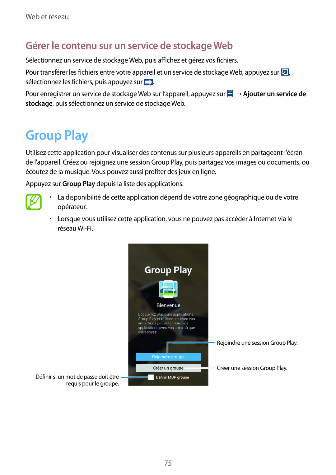 Samsung GT-N7105RWDXEF, GT-N7105TADXEF, GT-N7105TADSFR manual Group Play, Gérer le contenu sur un service de stockage Web 