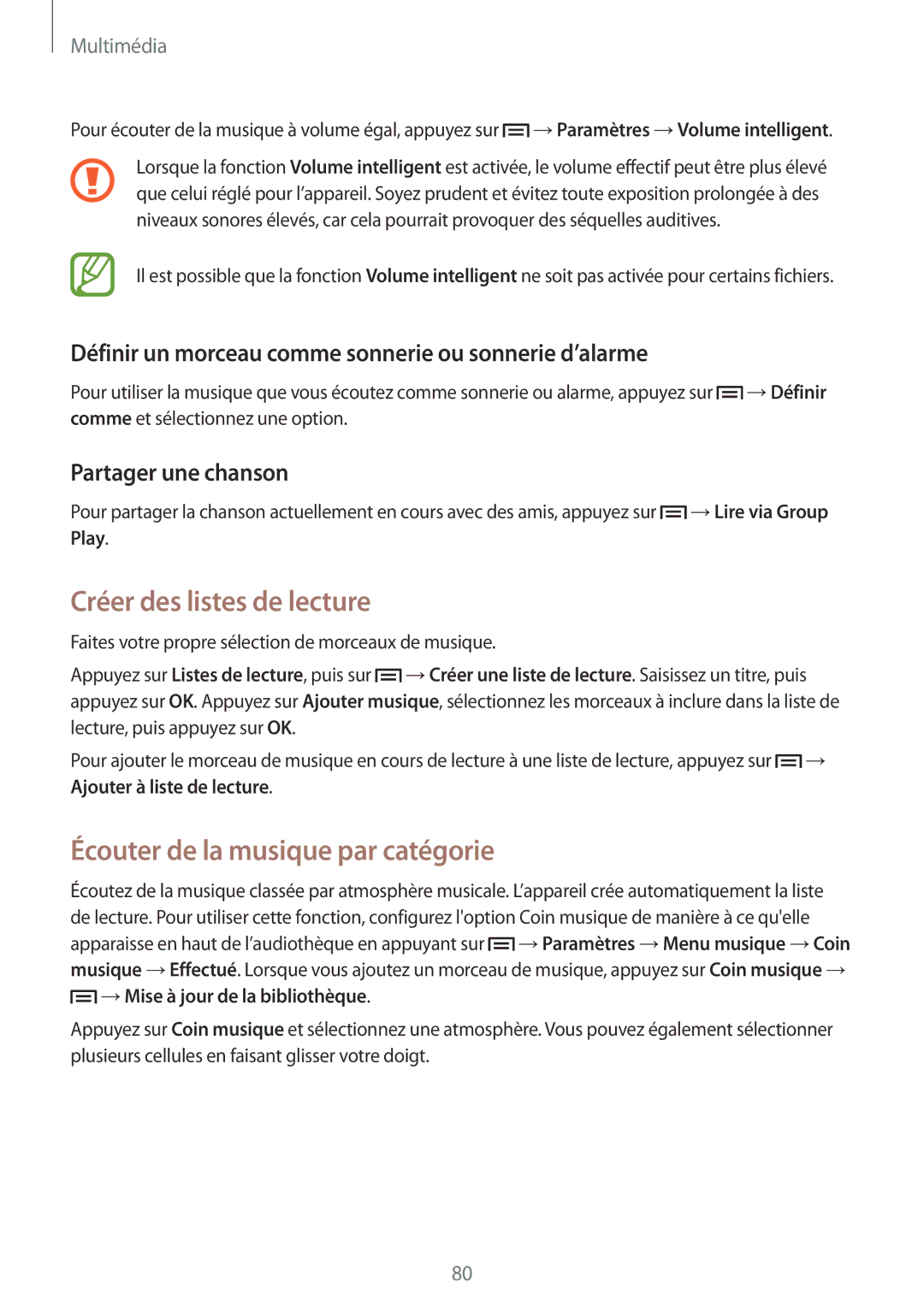 Samsung GT-N7105TADXEF manual Créer des listes de lecture, Écouter de la musique par catégorie, Partager une chanson 
