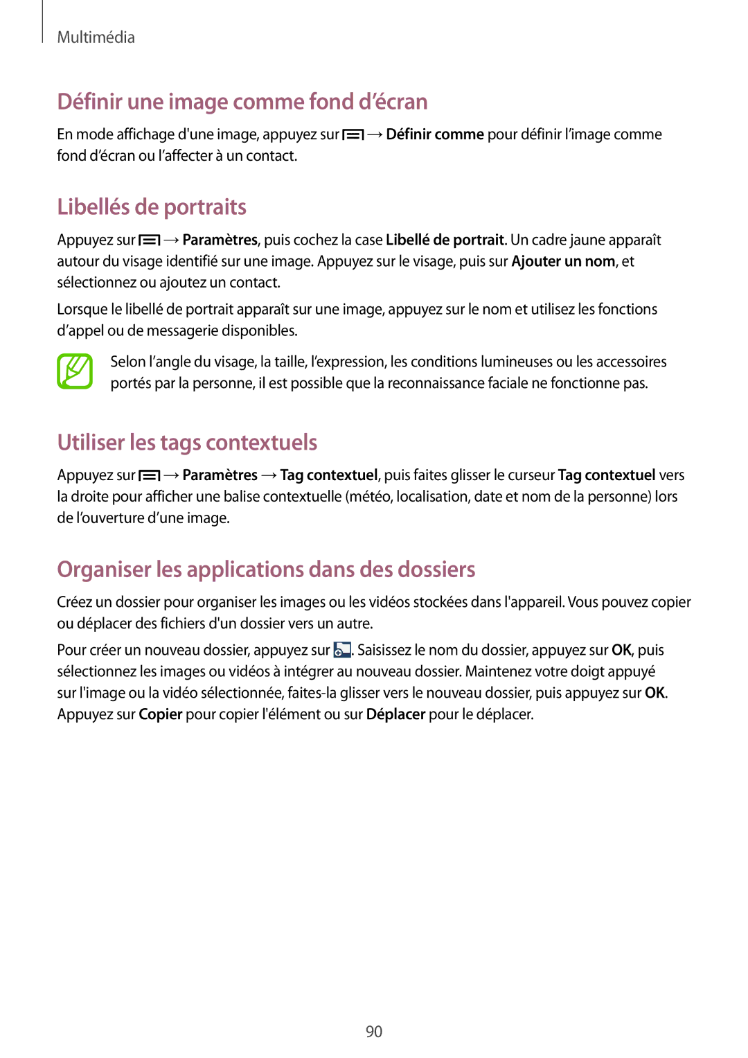 Samsung GT-N7105TADBOG manual Définir une image comme fond d’écran, Libellés de portraits, Utiliser les tags contextuels 