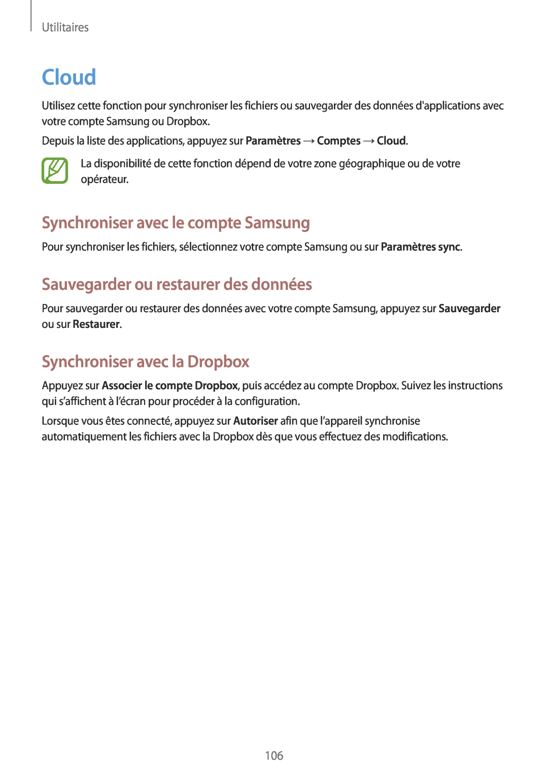 Samsung GT-N7105TADBOG manual Cloud, Synchroniser avec le compte Samsung, Sauvegarder ou restaurer des données, Utilitaires 