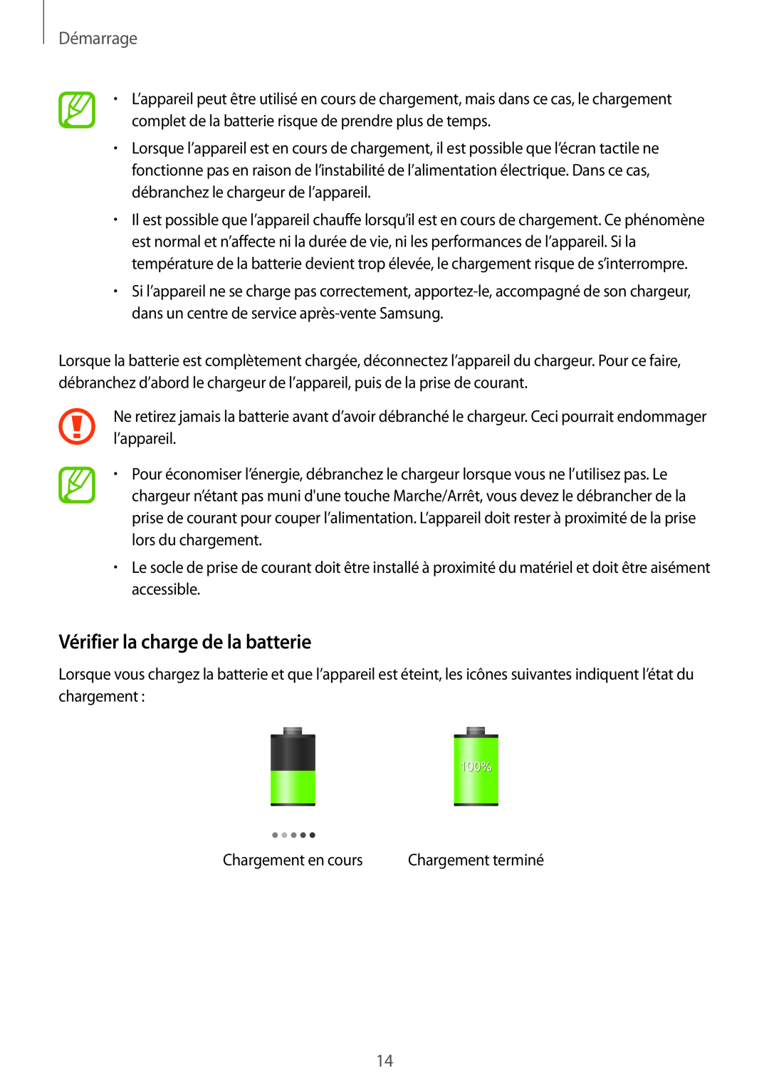 Samsung GT-N7105RWDBOG, GT-N7105TADXEF, GT-N7105TADSFR, GT-N7105TADBOG manual Vérifier la charge de la batterie, Démarrage 