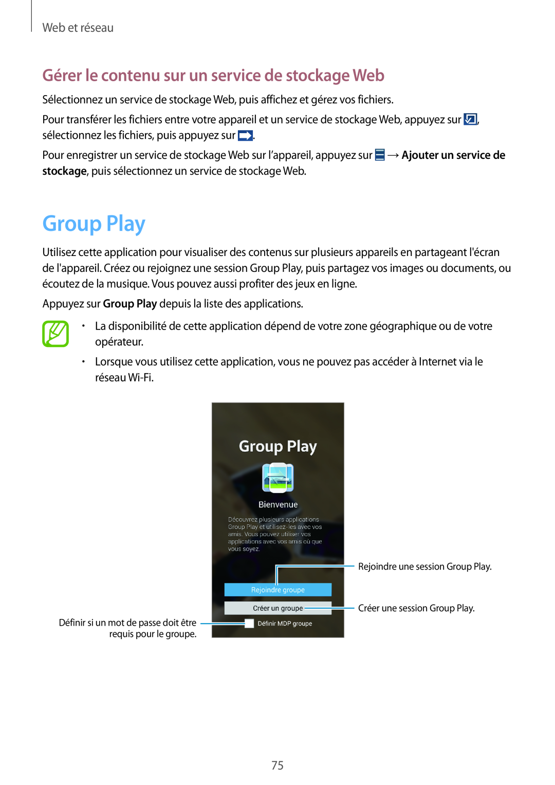 Samsung GT-N7105RWDXEF, GT-N7105TADXEF manual Group Play, Gérer le contenu sur un service de stockage Web, Web et réseau 