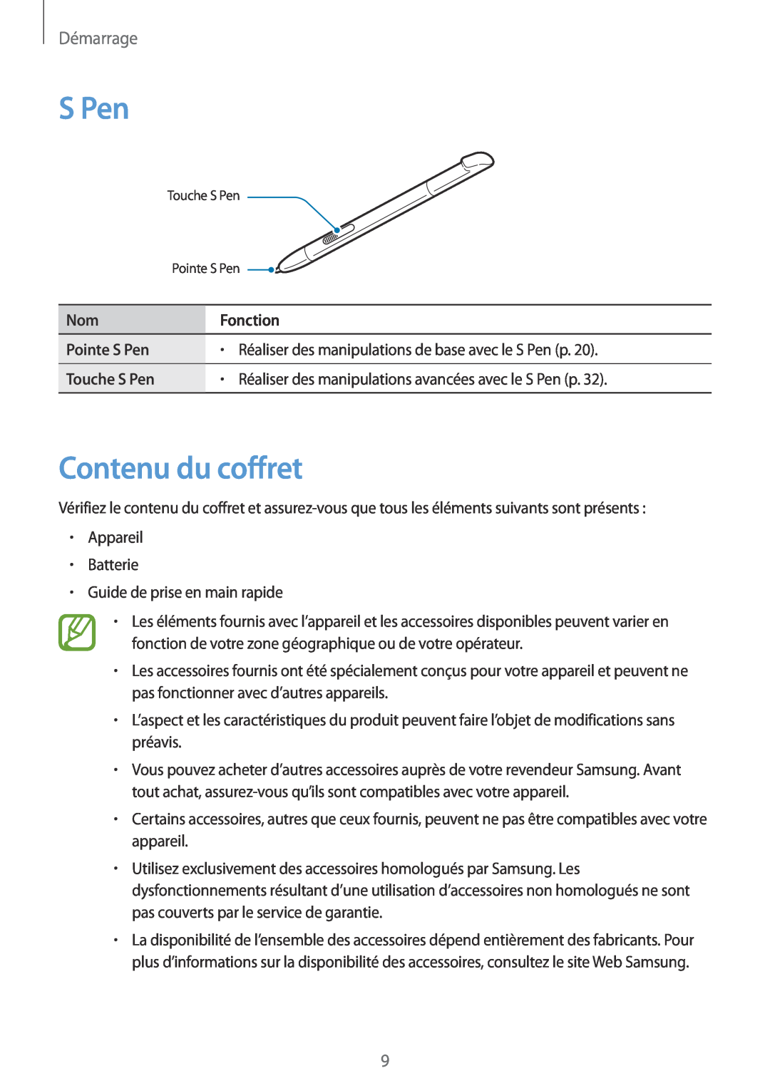 Samsung GT-N7105TADSFR Contenu du coffret, Pointe S Pen, Réaliser des manipulations de base avec le S Pen p, Démarrage 