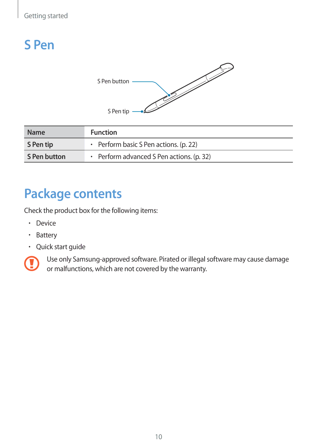 Samsung GT-N7105ZRDKSS, GT-N7105ZBDKSS, GT-N7105TADKSS, GT-N7105RWDKSS, GT-N7105TADKSA, GT-N7105RWDKSA Pen, Package contents 