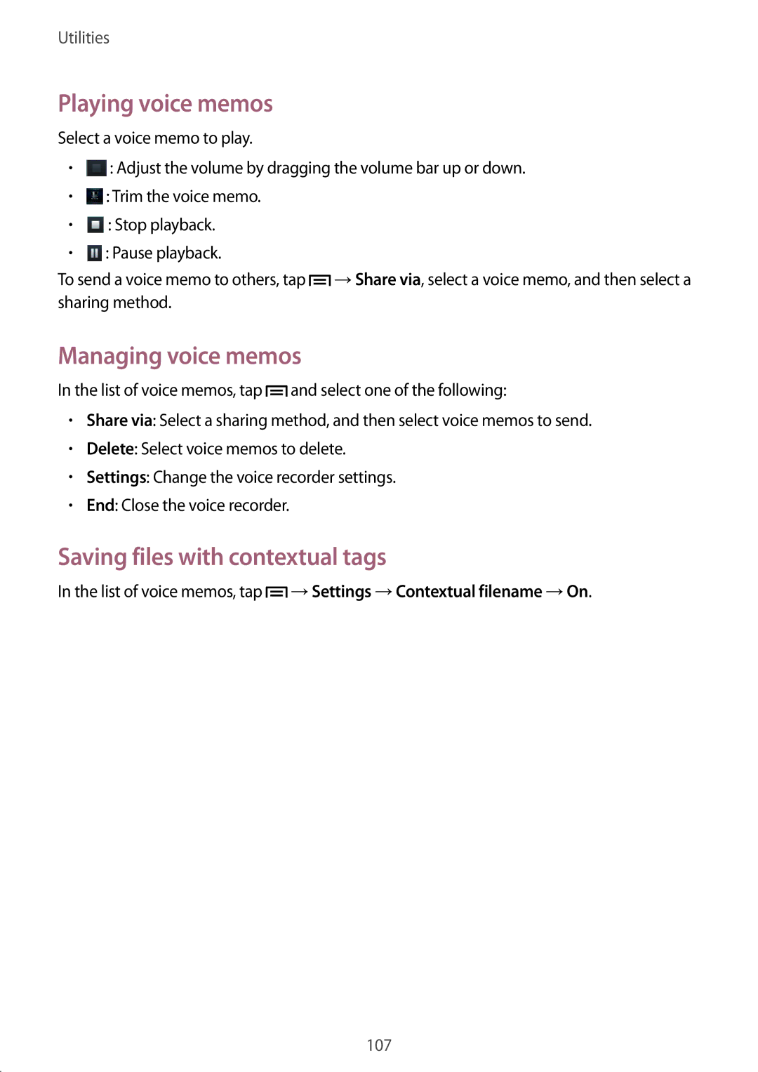 Samsung GT-N7105RWDKSS, GT-N7105ZBDKSS manual Playing voice memos, Managing voice memos, Saving files with contextual tags 