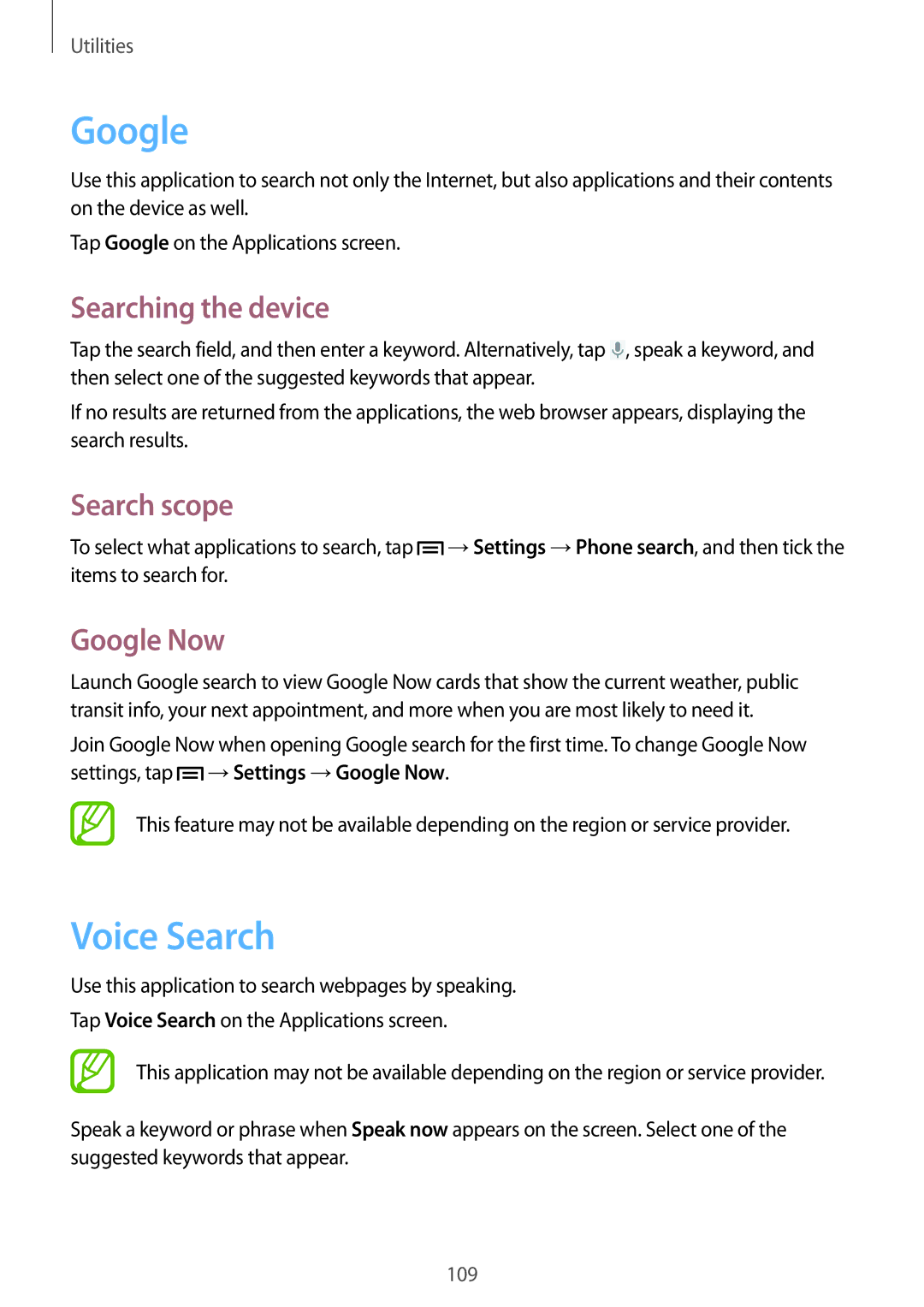 Samsung GT-N7105TADKSA, GT-N7105ZBDKSS, GT-N7105TADKSS Voice Search, Searching the device, Search scope, Google Now 