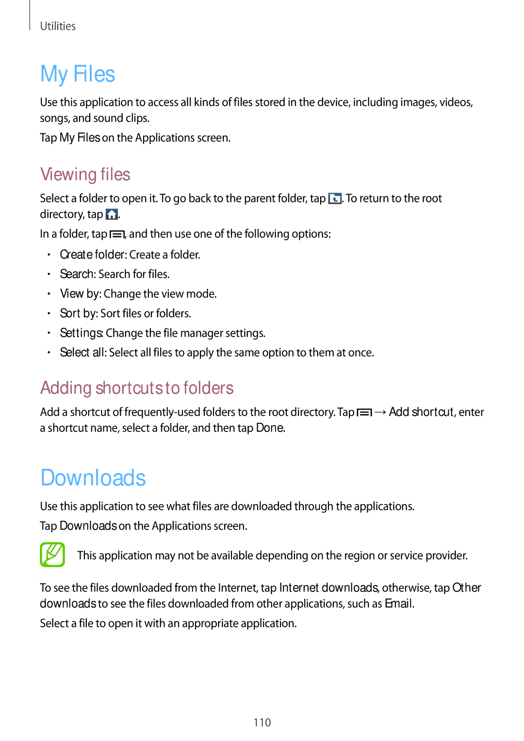Samsung GT-N7105RWDKSA, GT-N7105ZBDKSS, GT-N7105TADKSS manual My Files, Downloads, Viewing files, Adding shortcuts to folders 