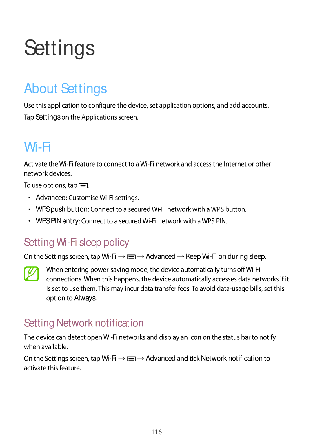 Samsung GT-N7105TADKSA, GT-N7105ZBDKSS About Settings, Setting Wi-Fi sleep policy, Setting Network notification 