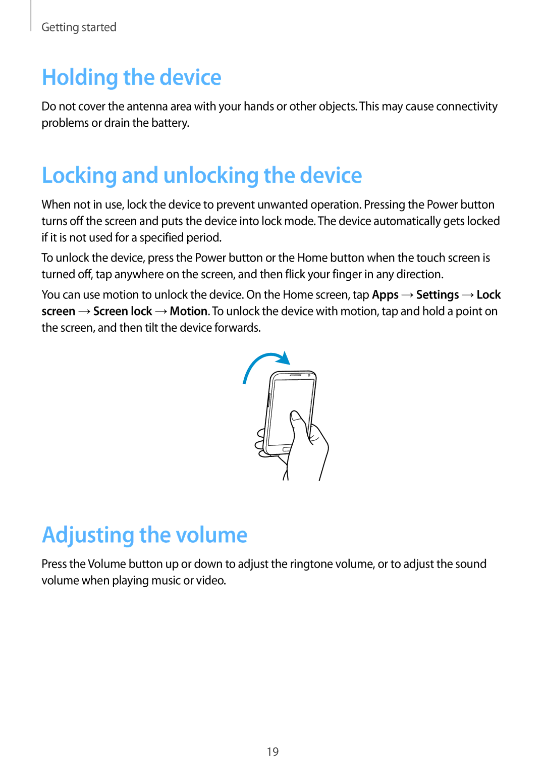 Samsung GT-N7105RWDKSA, GT-N7105ZBDKSS manual Holding the device, Locking and unlocking the device, Adjusting the volume 