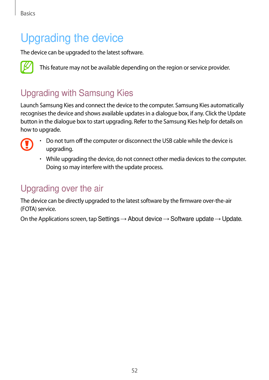 Samsung GT-N7105ZRDKSS, GT-N7105ZBDKSS manual Upgrading the device, Upgrading with Samsung Kies, Upgrading over the air 