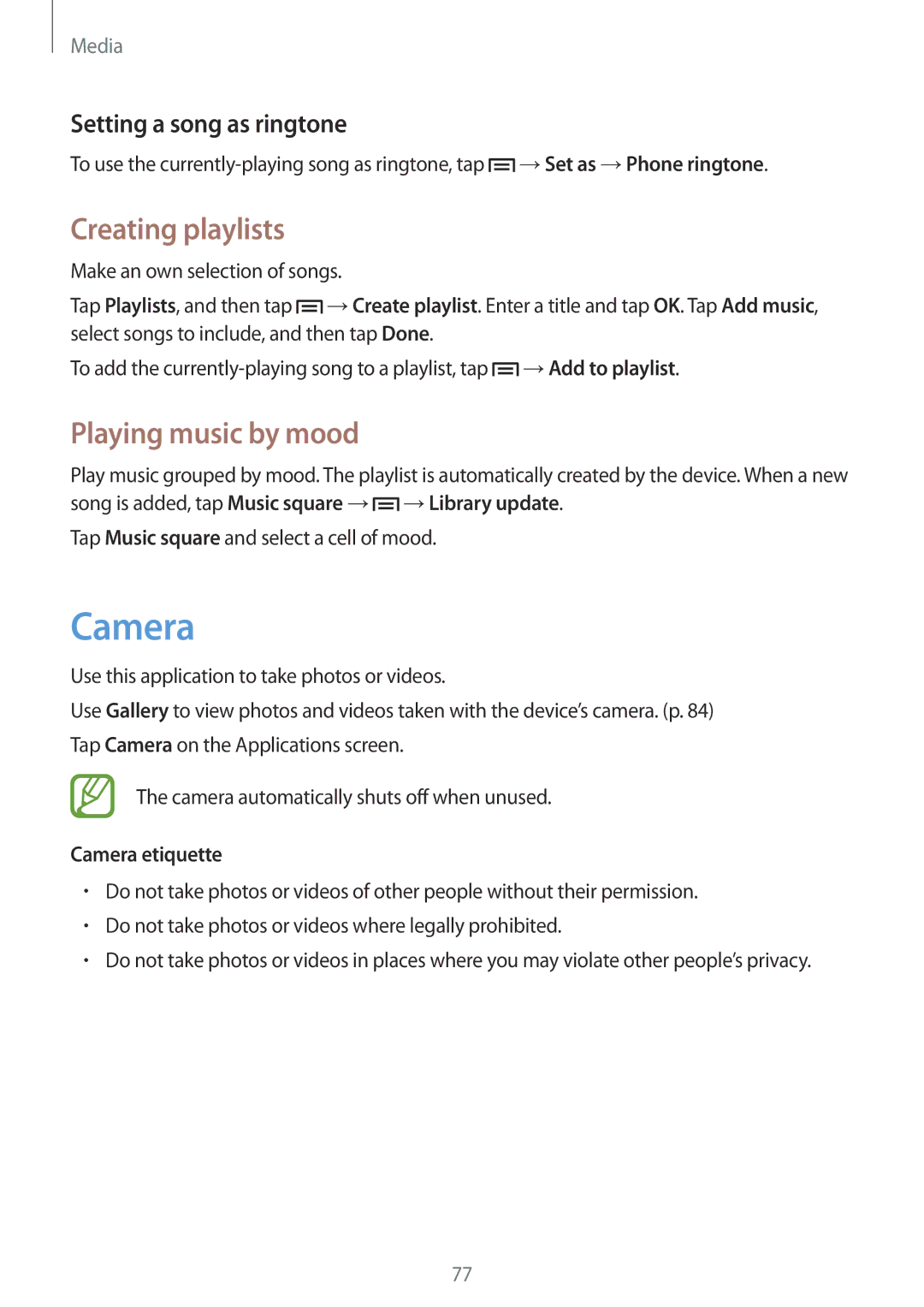 Samsung GT-N7105ZBDKSS manual Creating playlists, Playing music by mood, Setting a song as ringtone, Camera etiquette 