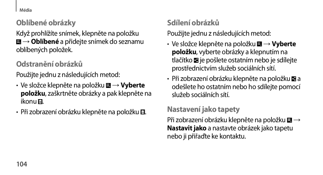 Samsung GT-N8000GRAXSK, GT-N8000EAAATO Oblíbené obrázky, Odstranění obrázků, Sdílení obrázků, Nastavení jako tapety, 104 