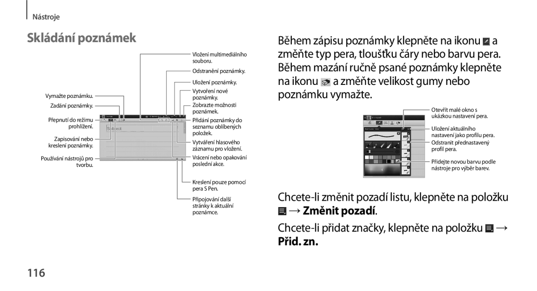 Samsung GT-N8000ZWAXEZ, GT-N8000EAAATO, GT-N8000ZWAEUR, GT-N8000ZWAATO manual Skládání poznámek, →Změnit pozadí, Přid. zn, 116 