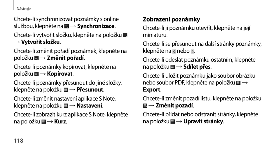 Samsung GT-N8000ZWAEUR, GT-N8000EAAATO, GT-N8000ZWAATO, GT-N8000EAAXEZ Zobrazení poznámky, → Vytvořit složku, Export, 118 