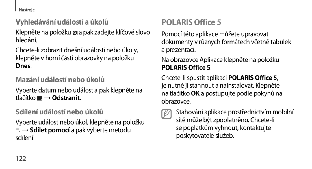 Samsung GT-N8000GRAXSK, GT-N8000EAAATO manual Polaris Office, Vyhledávání událostí a úkolů, Mazání událostí nebo úkolů, 122 