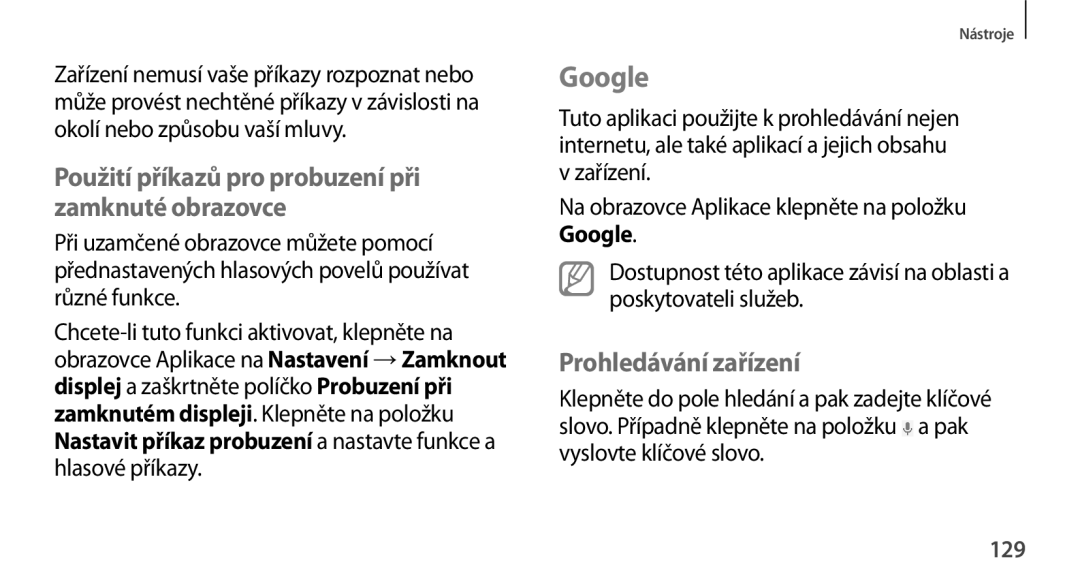 Samsung GT-N8000EAAXEZ manual Google, Prohledávání zařízení, Zařízení Na obrazovce Aplikace klepněte na položku, 129 