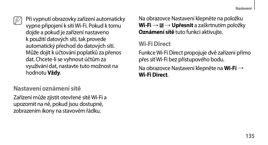 Samsung GT-N8000EAAATO manual Nastavení oznámení sítě, Wi-Fi Direct, Na obrazovce Nastavení klepněte na Wi-Fi→, 135 