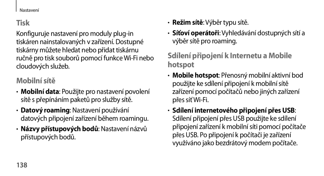 Samsung GT-N8000EAAXEZ, GT-N8000EAAATO manual Tisk, Mobilní sítě, Sdílení připojení k Internetu a Mobile hotspot, 138 