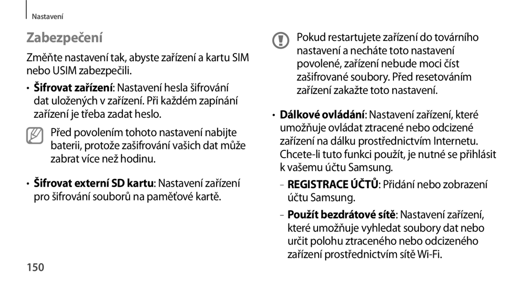 Samsung GT-N8000GRAXEZ, GT-N8000EAAATO manual Zabezpečení, Registrace Účtů Přidání nebo zobrazení účtu Samsung, 150 