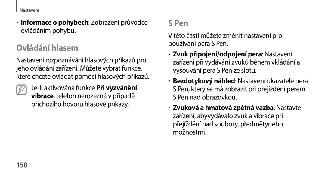 Samsung GT-N8000GRAXSK, GT-N8000EAAATO manual Ovládání hlasem, Informace o pohybech Zobrazení průvodce ovládáním pohybů, 158 