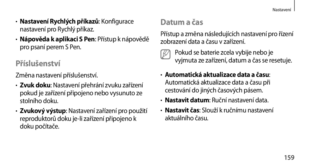 Samsung GT-N8000GRAXEZ, GT-N8000EAAATO, GT-N8000ZWAEUR Příslušenství, Datum a čas, Automatická aktualizace data a času, 159 