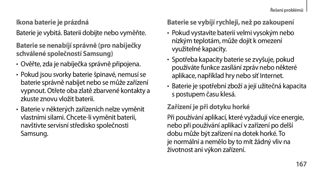 Samsung GT-N8000GRAXSK Baterie je vybitá. Baterii dobijte nebo vyměňte, Ověřte, zda je nabíječka správně připojena, 167 