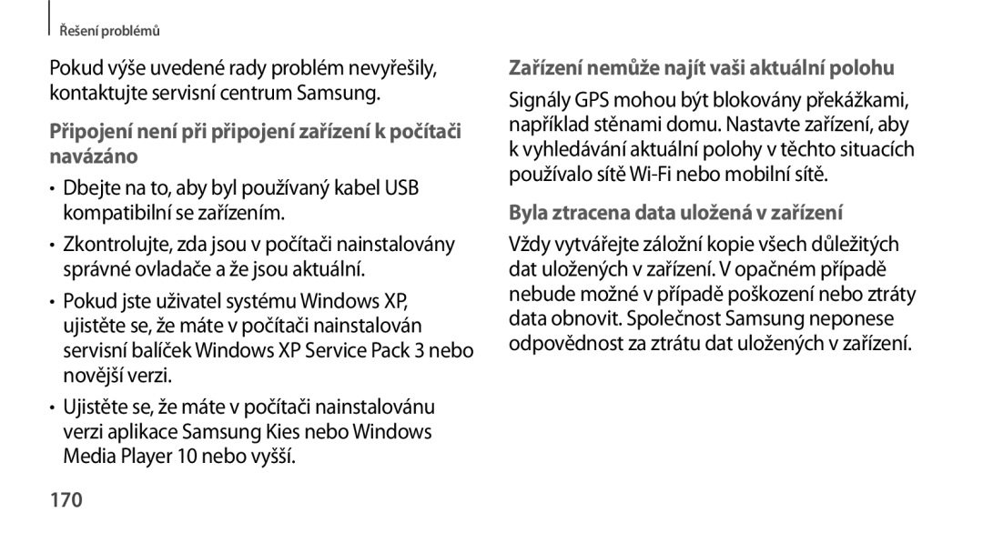 Samsung GT-N8000ZWAXEZ, GT-N8000EAAATO, GT-N8000ZWAEUR manual Připojení není při připojení zařízení k počítači navázáno, 170 