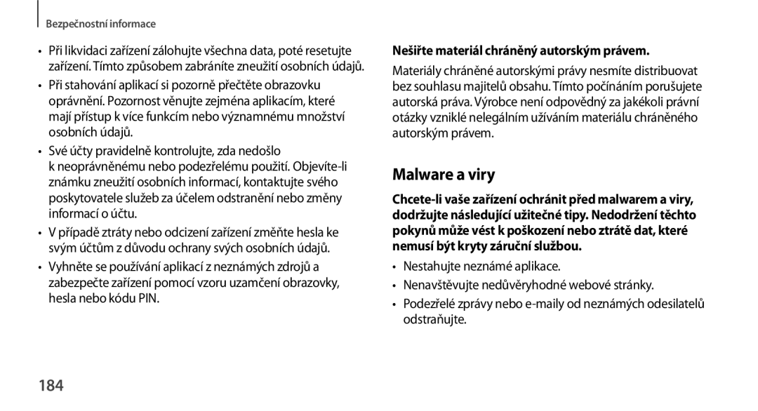 Samsung GT-N8000ZWAXSK, GT-N8000EAAATO, GT-N8000ZWAEUR manual Malware a viry, 184, Nešiřte materiál chráněný autorským právem 