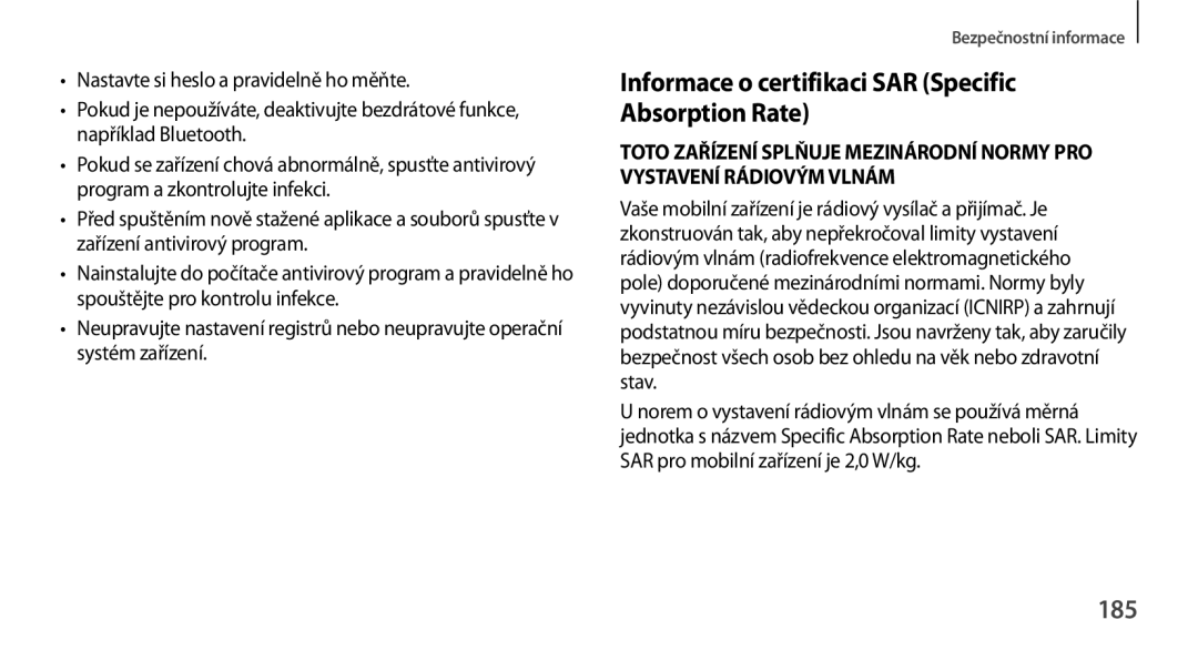 Samsung GT-N8000GRAXSK, GT-N8000EAAATO, GT-N8000ZWAEUR manual Informace o certifikaci SAR Specific Absorption Rate, 185 