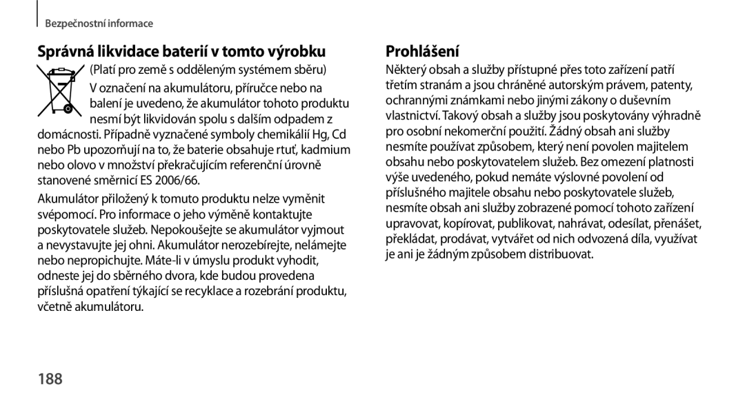 Samsung GT-N8000ZWAXEZ, GT-N8000EAAATO, GT-N8000ZWAEUR manual Správná likvidace baterií v tomto výrobku, Prohlášení, 188 