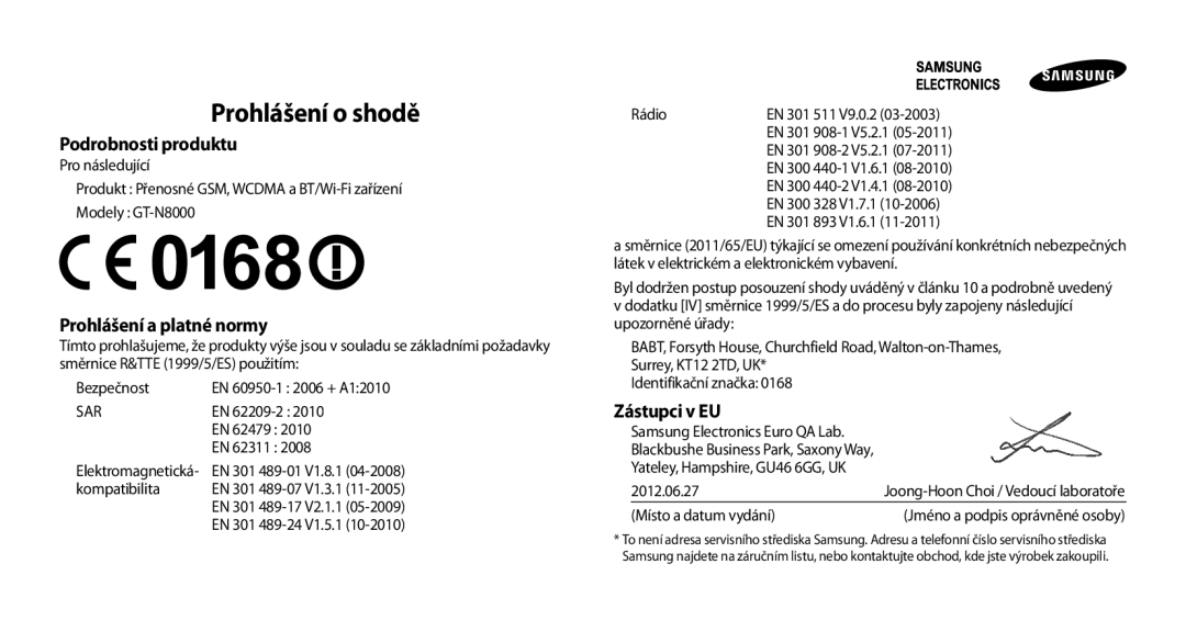 Samsung GT-N8000ZWAATO, GT-N8000EAAATO, GT-N8000ZWAEUR, GT-N8000EAAXEZ manual Prohlášení o shodě, Prohlášení a platné normy 