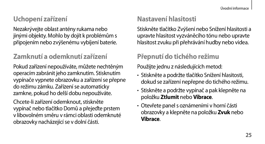 Samsung GT-N8000EAAXSK Uchopení zařízení, Nastavení hlasitosti, Zamknutí a odemknutí zařízení, Přepnutí do tichého režimu 