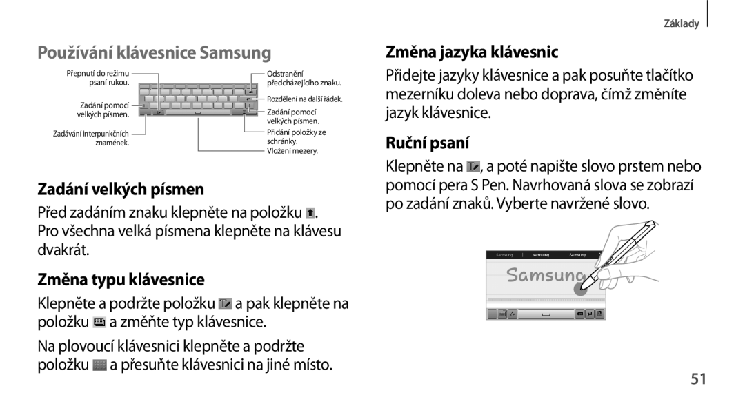 Samsung GT-N8000GRAXEZ manual Používání klávesnice Samsung, Změna jazyka klávesnic, Ruční psaní Zadání velkých písmen 