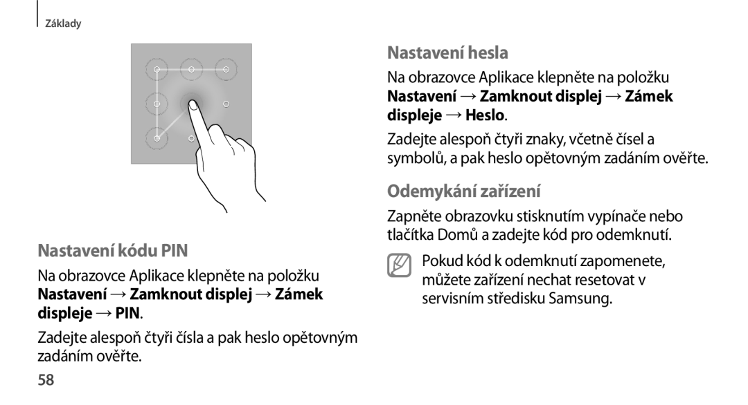 Samsung GT-N8000ZWAXSK, GT-N8000EAAATO, GT-N8000ZWAEUR manual Nastavení kódu PIN, Nastavení hesla, Odemykání zařízení 