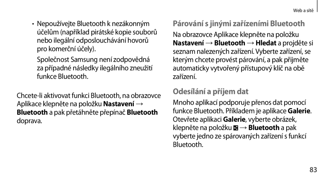 Samsung GT-N8000ZWAATO, GT-N8000EAAATO, GT-N8000ZWAEUR manual Párování s jinými zařízeními Bluetooth, Odesílání a příjem dat 