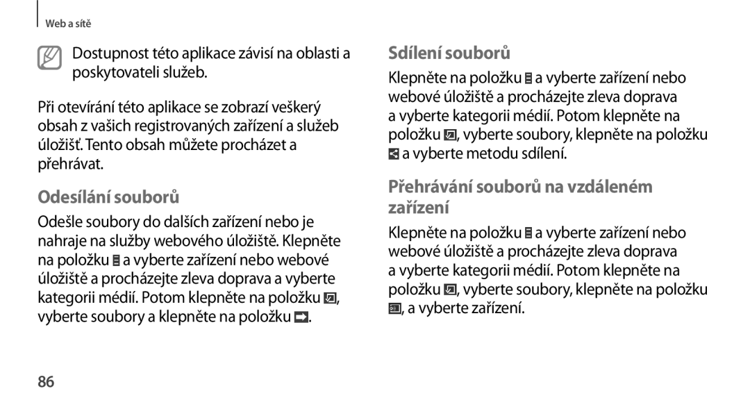 Samsung GT-N8000GRAXSK, GT-N8000EAAATO manual Odesílání souborů, Sdílení souborů, Přehrávání souborů na vzdáleném zařízení 