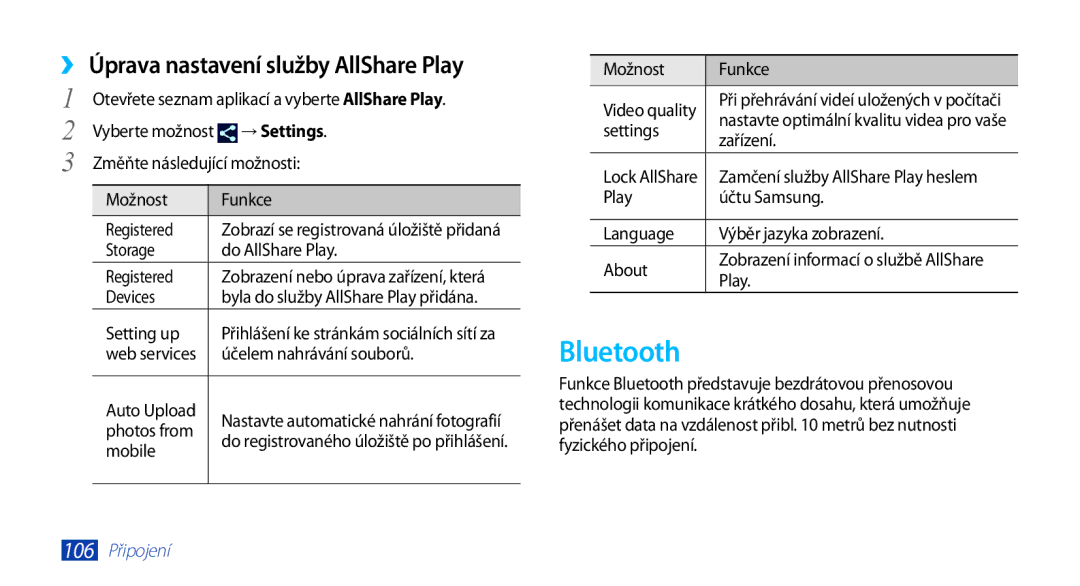 Samsung GT-N8000EAAXSK, GT-N8000EAAATO, GT-N8000ZWAEUR manual Bluetooth, Úprava nastavení služby AllShare Play, → Settings 