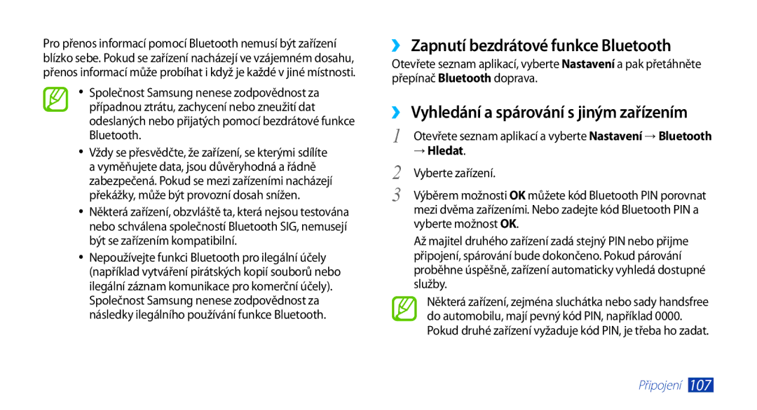 Samsung GT-N8000ZWAXEZ manual ›› Zapnutí bezdrátové funkce Bluetooth, ›› Vyhledání a spárování s jiným zařízením, → Hledat 