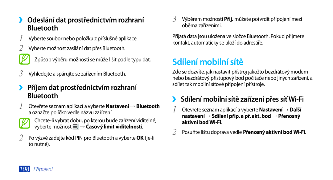 Samsung GT-N8000EAAATO, GT-N8000ZWAEUR manual Sdílení mobilní sítě, ›› Odeslání dat prostřednictvím rozhraní Bluetooth 