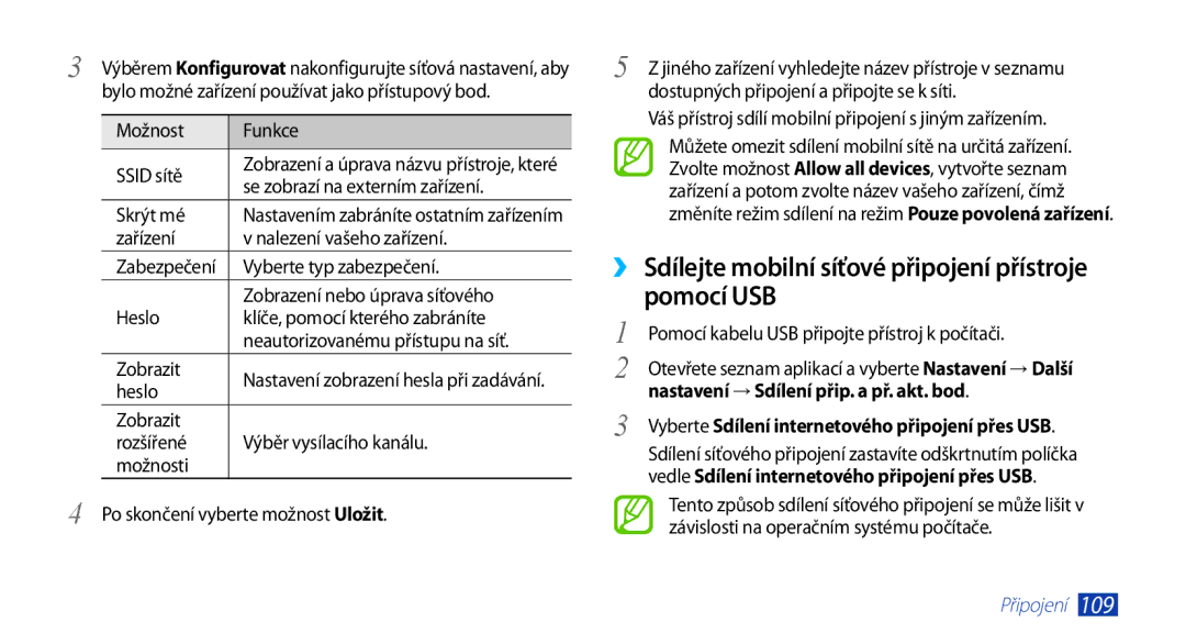 Samsung GT-N8000ZWAEUR ›› Sdílejte mobilní síťové připojení přístroje pomocí USB, Nastavení → Sdílení přip. a př. akt. bod 