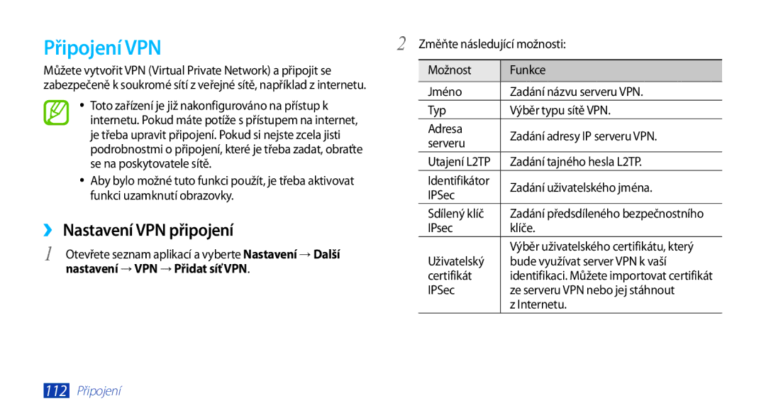 Samsung GT-N8000ZWAXSK, GT-N8000EAAATO manual Připojení VPN, ›› Nastavení VPN připojení, Nastavení → VPN → Přidat síť VPN 