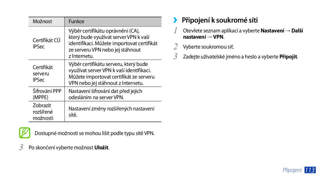 Samsung GT-N8000GRAXSK, GT-N8000EAAATO, GT-N8000ZWAEUR, GT-N8000ZWAATO manual ›› Připojení k soukromé síti, Nastavení → VPN 