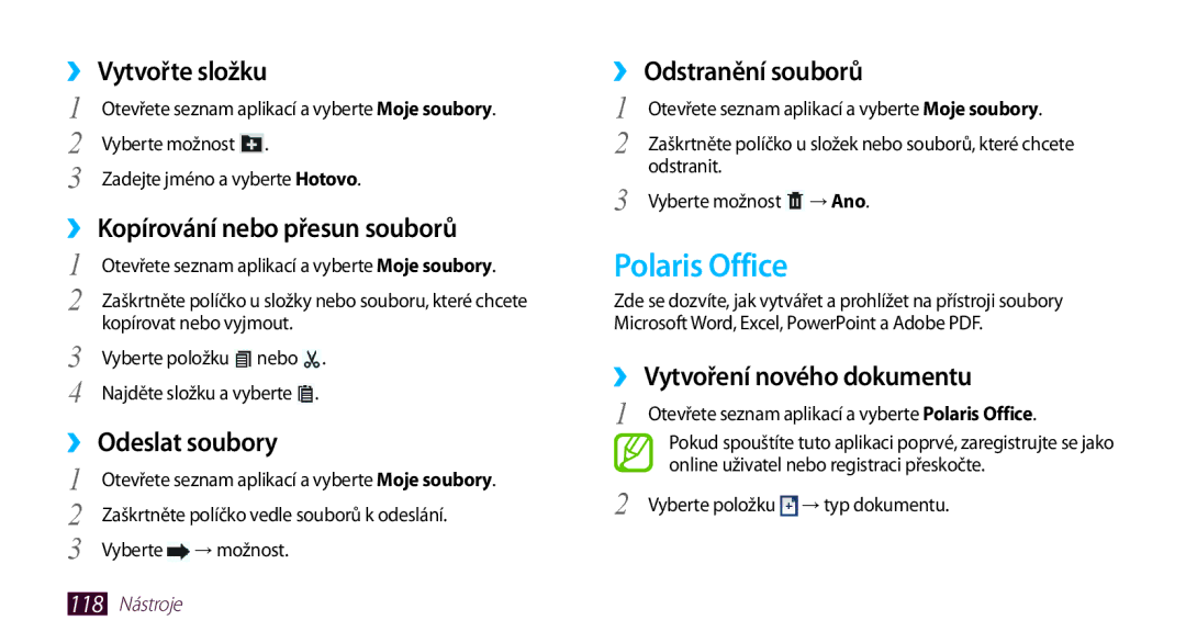 Samsung GT-N8000ZWAEUR manual Polaris Office, ›› Vytvořte složku, ›› Odstranění souborů, ›› Vytvoření nového dokumentu 