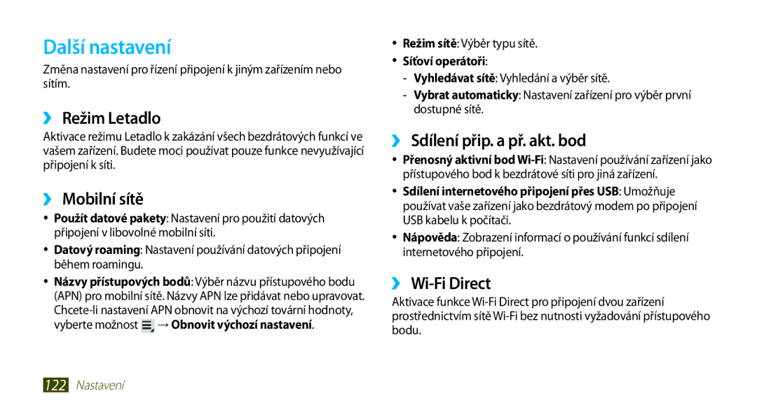 Samsung GT-N8000GRAXSK, GT-N8000EAAATO Další nastavení, ›› Režim Letadlo, ›› Mobilní sítě, ›› Sdílení přip. a př. akt. bod 