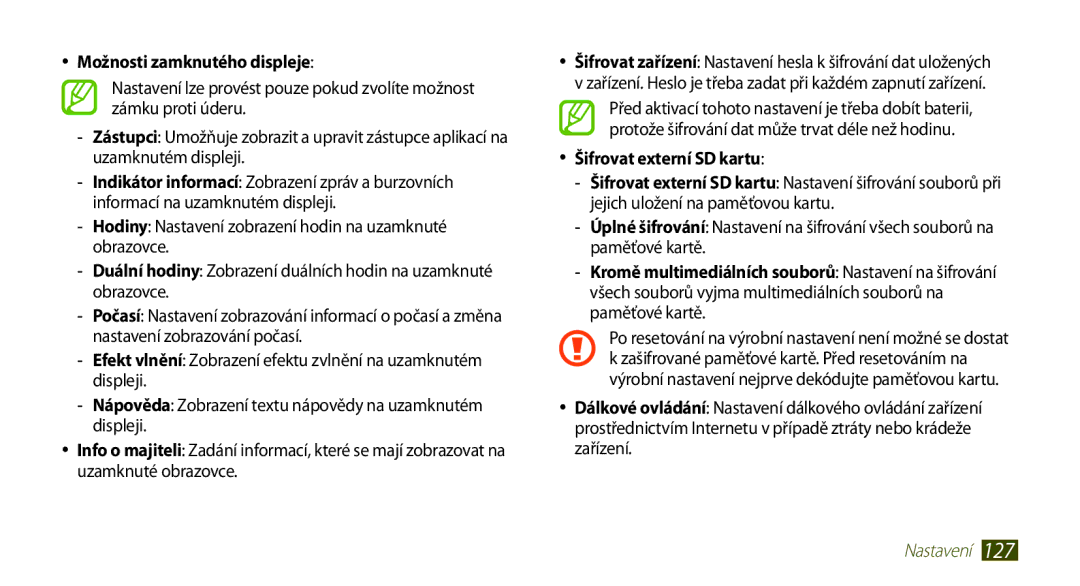 Samsung GT-N8000ZWAEUR, GT-N8000EAAATO, GT-N8000ZWAATO manual Možnosti zamknutého displeje, Šifrovat externí SD kartu 