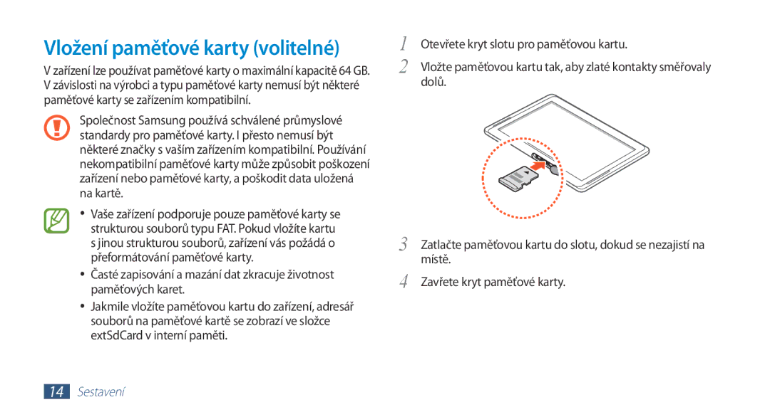 Samsung GT-N8000GRAXSK, GT-N8000EAAATO, GT-N8000ZWAEUR, GT-N8000ZWAATO, GT-N8000EAAXEZ manual Vložení paměťové karty volitelné 